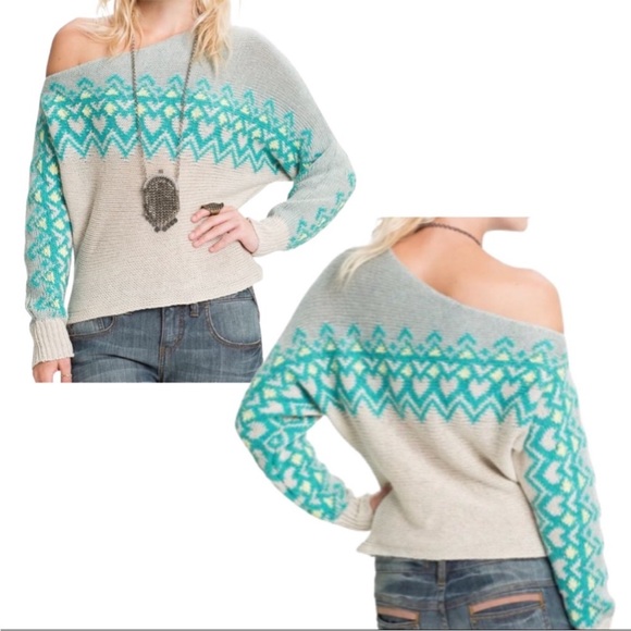 Free People Fair Isle Heart Mohair Wool Blend Knitted Off Shoulder Sweater M - Picture 1 of 12